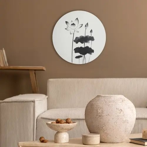 Bladeren - Zwart - Lotusbloem - Minimalitisch Akoestische PET Vilt - Rond klein -sfeer1