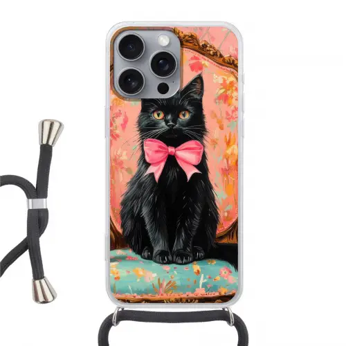 Kat - Roze - Stoel met bloemenmotief Hoesje iPhone 16 Pro Max met koord klein -3d