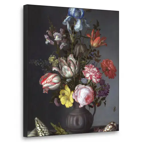 Bloemen in een vaas met schelpen en insecten - Balthasar van der Ast Textielframe zwart klein -3d