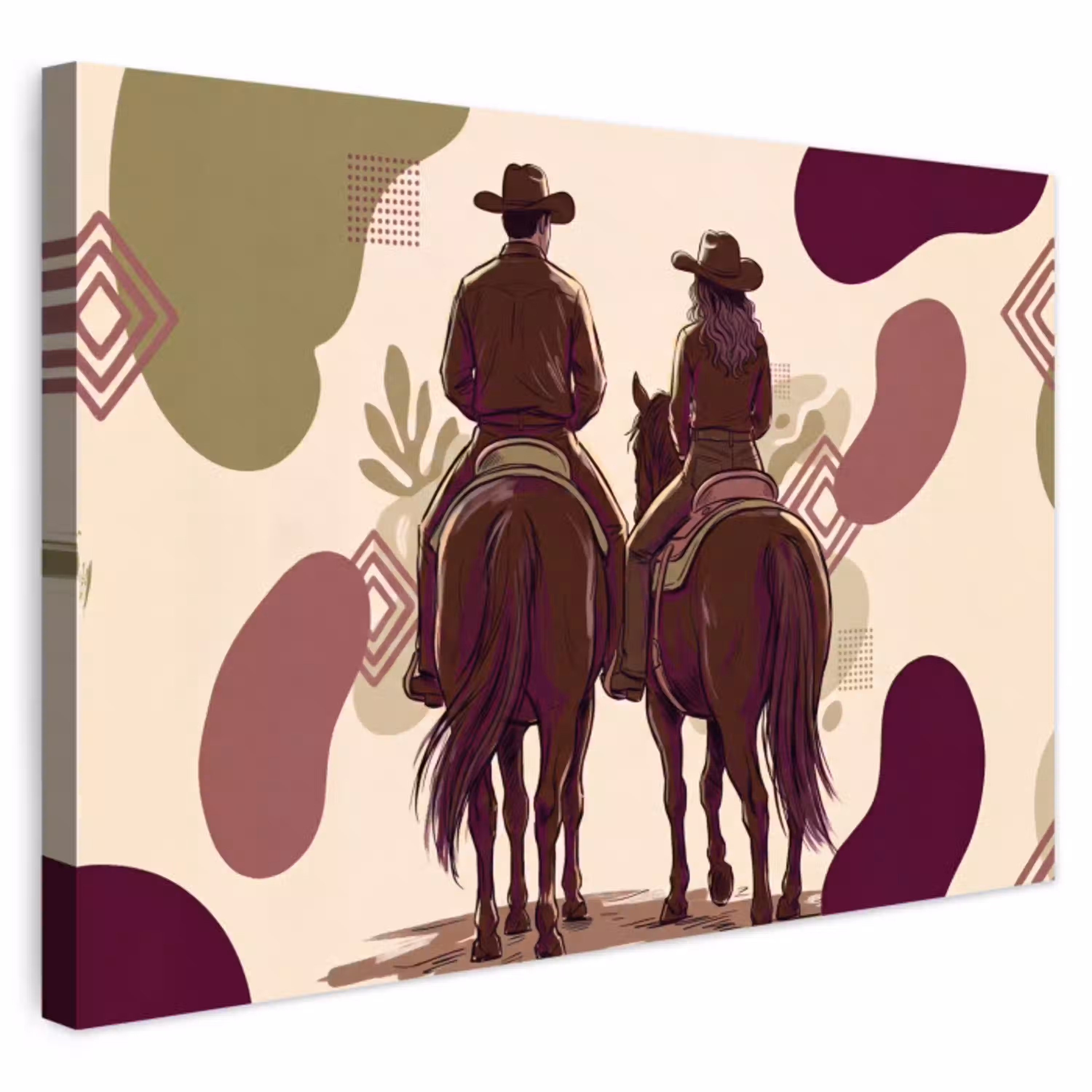 Mensen - Ruiters - Western - Illustratie - Bruin Tuinposter op houten frame 2 cm dik klein -3d