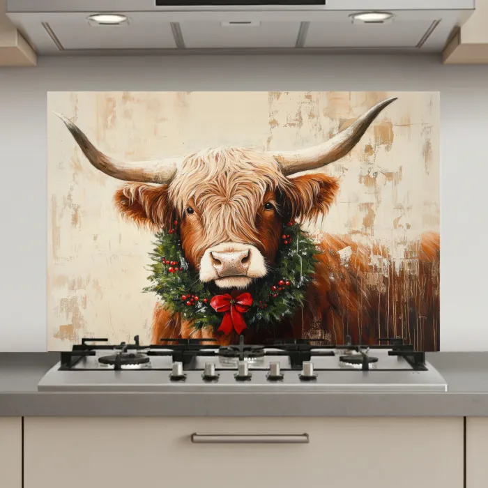 Kerst - Schotse Hooglander - Bruin - Krans keuken achterwand spatscherm klein -3d_website