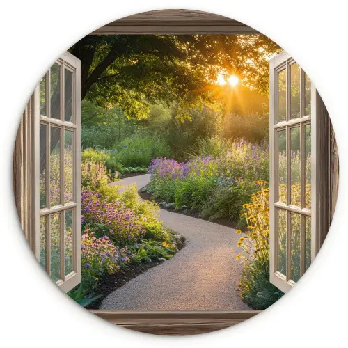 Doorkijk - Bloemen - Natuur - Zon - Pad Wandcirkel kunststof plaat 5mm dik klein -3d