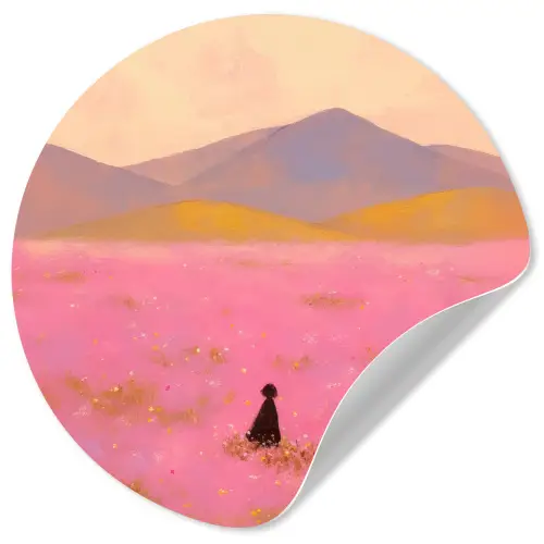 Bloemenweide - Heuvels - Silhouet - Roze Wandcirkel behangsticker klein -3d