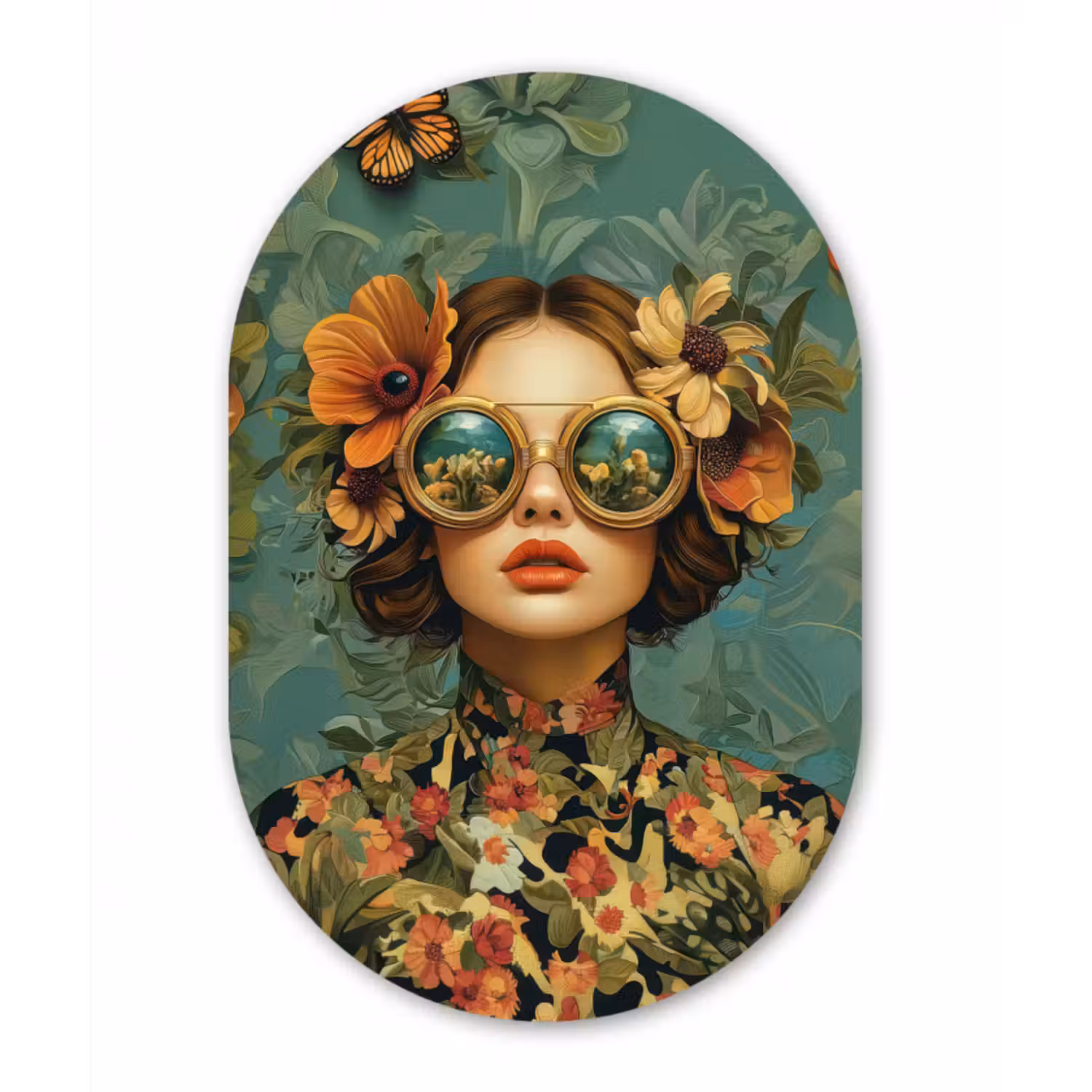 Forexbild Oval - Frau - Blumen - Schmetterlinge - Natur - Vintage
