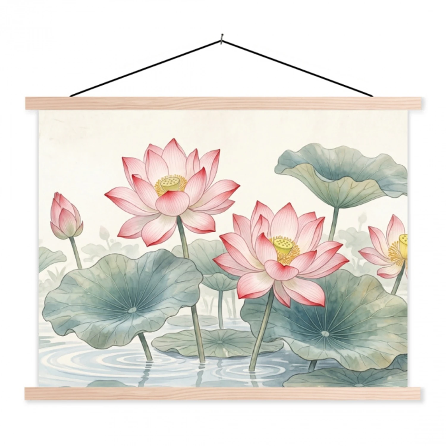 Aquarel - Lotusbloemen - Kleurrijk textielposter latten blank klein -3d