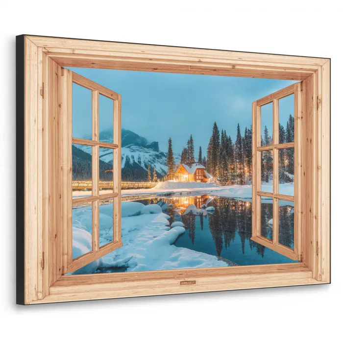 Winterlandschap - Natuur - Huis - Bergen - Doorkijk - Raam Textielframe zwart klein -3d