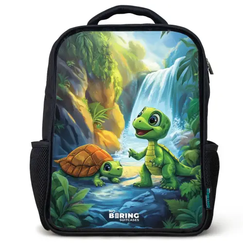 Schildpad en dino bij waterval in tropisch bos Rugzak - Zwart middel -3d
