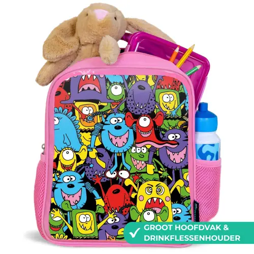 Monsters met Felle Kleuren Kinderrugzak - Roze middel -inhoud_NL