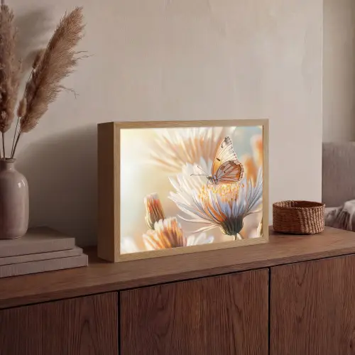 Vlinder - Bloem - Oranje Light Box met batterij (Wandlamp) middel -sfeer2