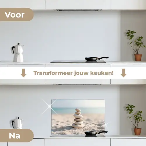 Stenen - Stapel - Zand - Zee keuken achterwand spatscherm klein -voor_na_NL