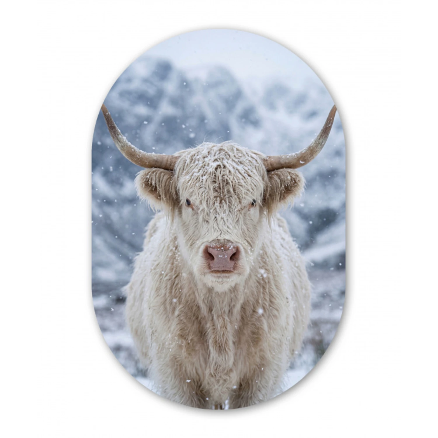 Schotse Hooglander - Sneeuw - Bergen - Winter Wandcirkel Ovaal Forex klein -3d