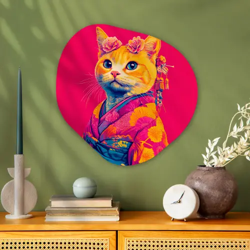 Kat - Kimono - Bloemen - Roze Wandcirkel Organisch Plexiglas middel -sfeer2