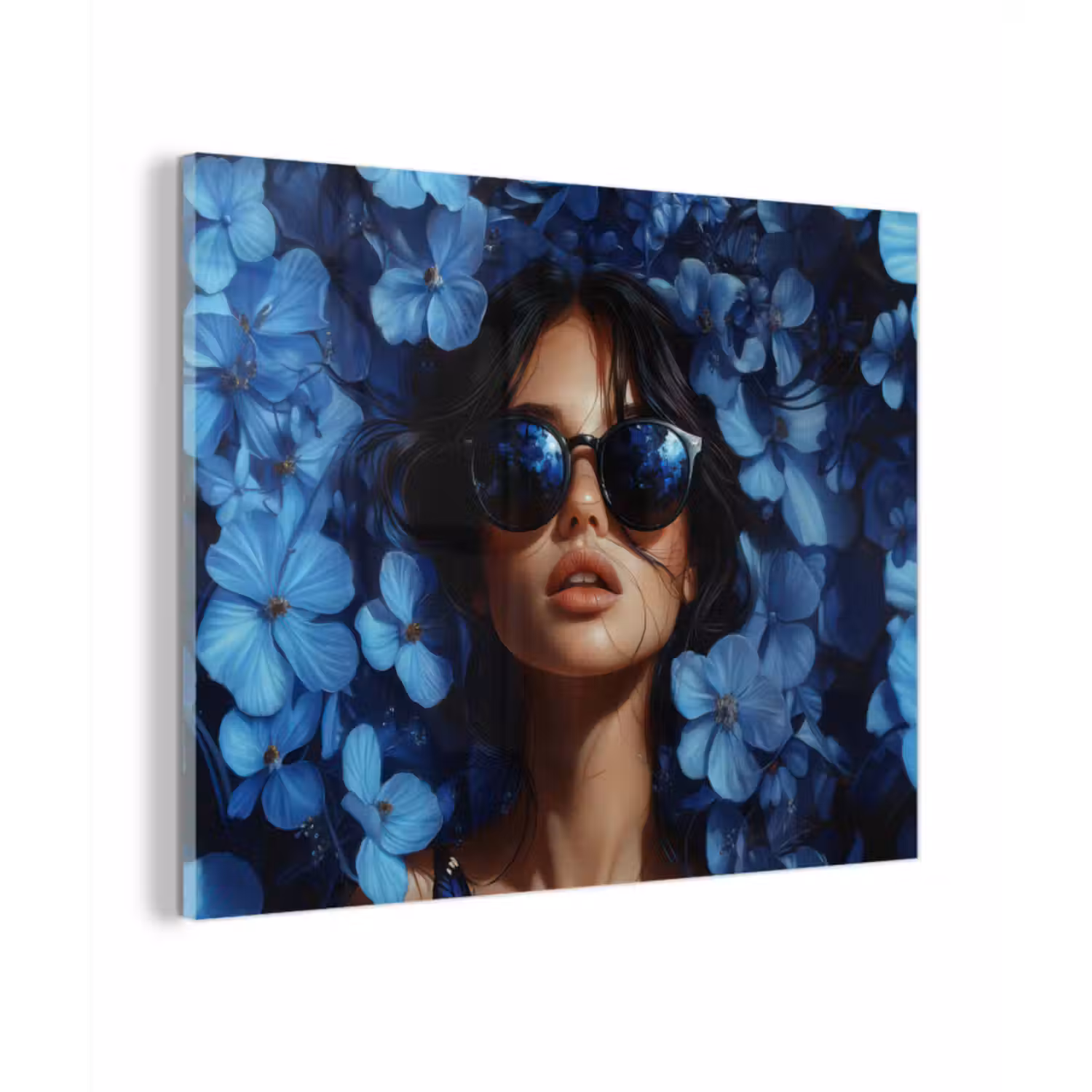 Glas schilderij - Vrouw - Blauw - Bloemen - Vlinders - Natuur