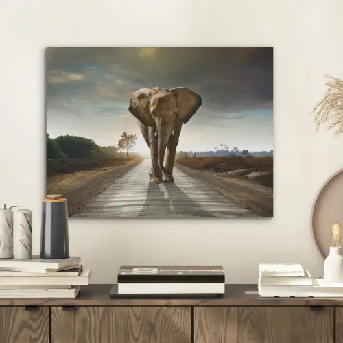 Olifant - Weg - Dieren - Zonsondergang - Landschap PET vilt klein -sfeer1