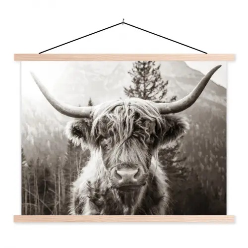 Schotse hooglander - Koe - Dieren - Zwart - Wit textielposter latten blank klein -3d