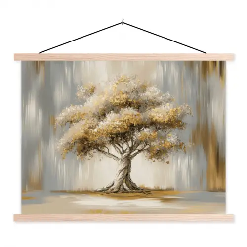 Boom - Bladeren - Abstract - Wit textielposter latten blank klein -3d