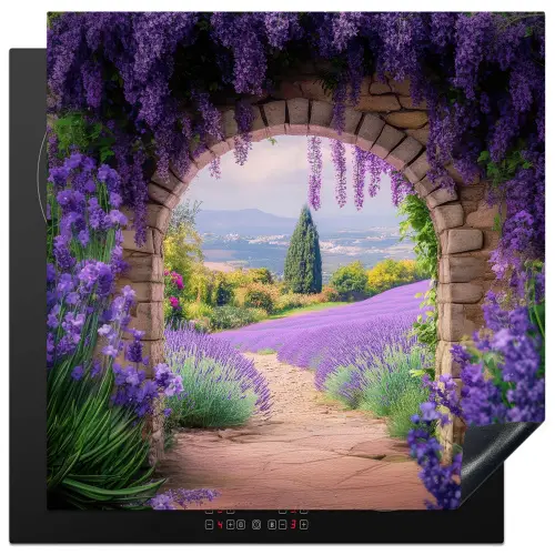 Doorkijk - Lavendel - Bloemen - Paars - Poort Inductie beschermer vinyl 3mm middel -3d