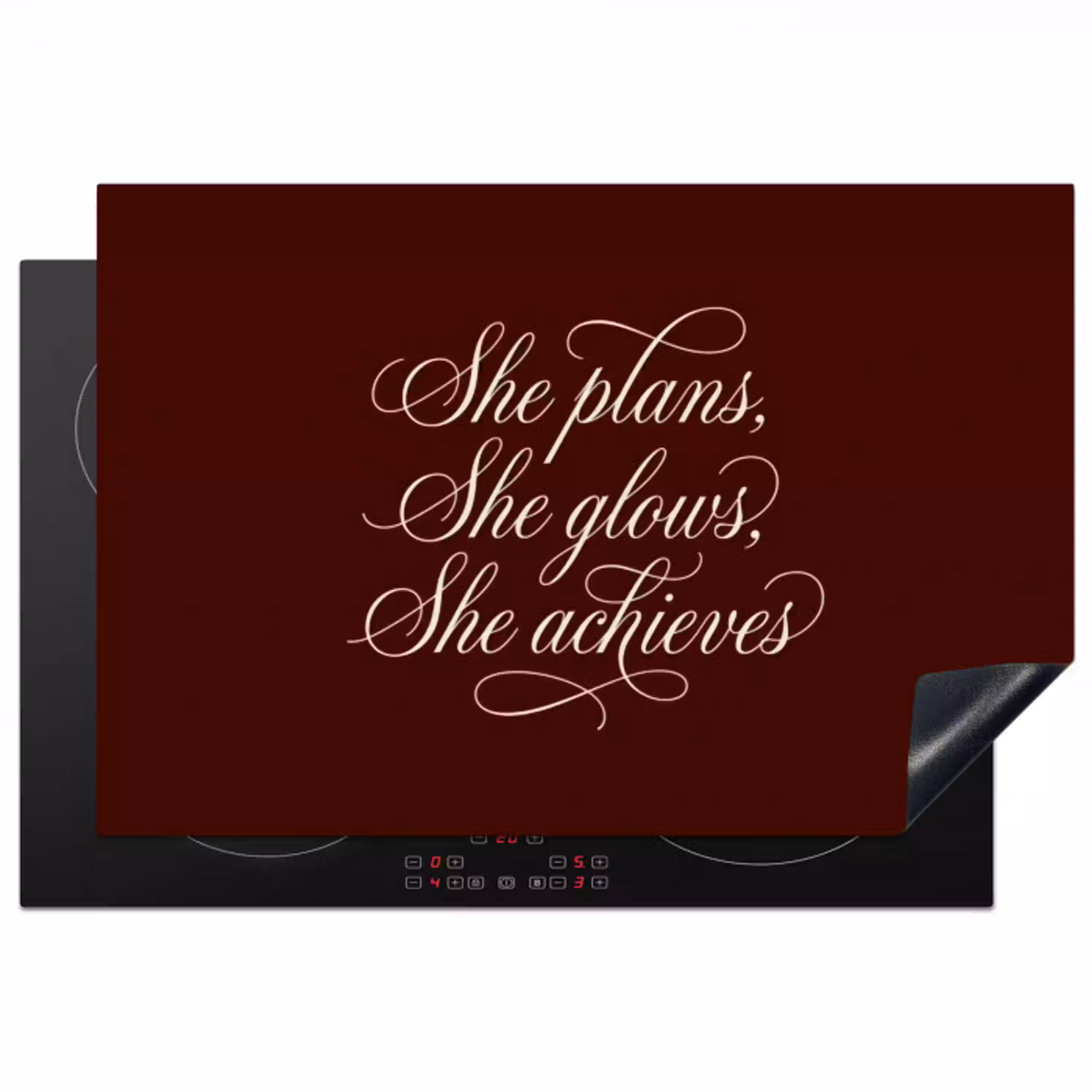She plans she glows she achieves - Rood - Cursief Inductie beschermer vinyl 3mm klein -3d