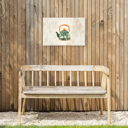 Theepot - Groen - Bloemen - Oranje Tuinposter op houten frame 2 cm dik klein -sfeer4