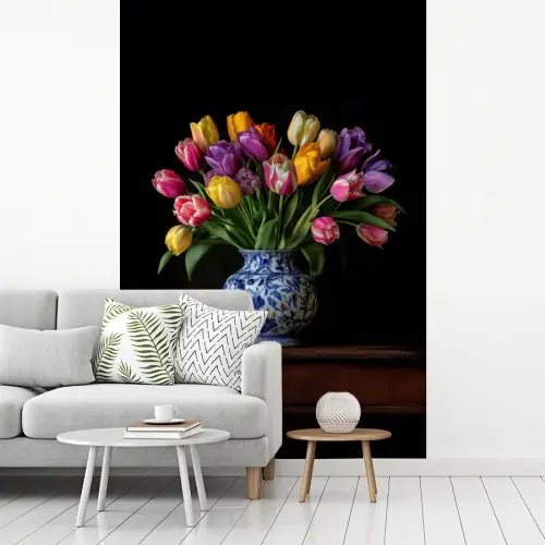 Tulpen - Kleuren - Hout - Vaas fotobehang vinyl groot -woonkamer