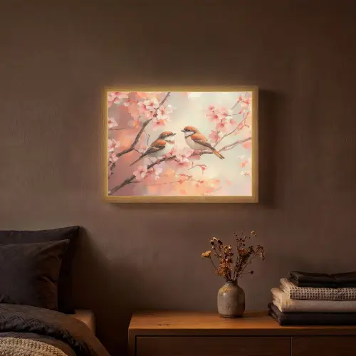 Vogels - Romantic - Bloesemtak Light Box met batterij (Wandlamp) middel -sfeer4