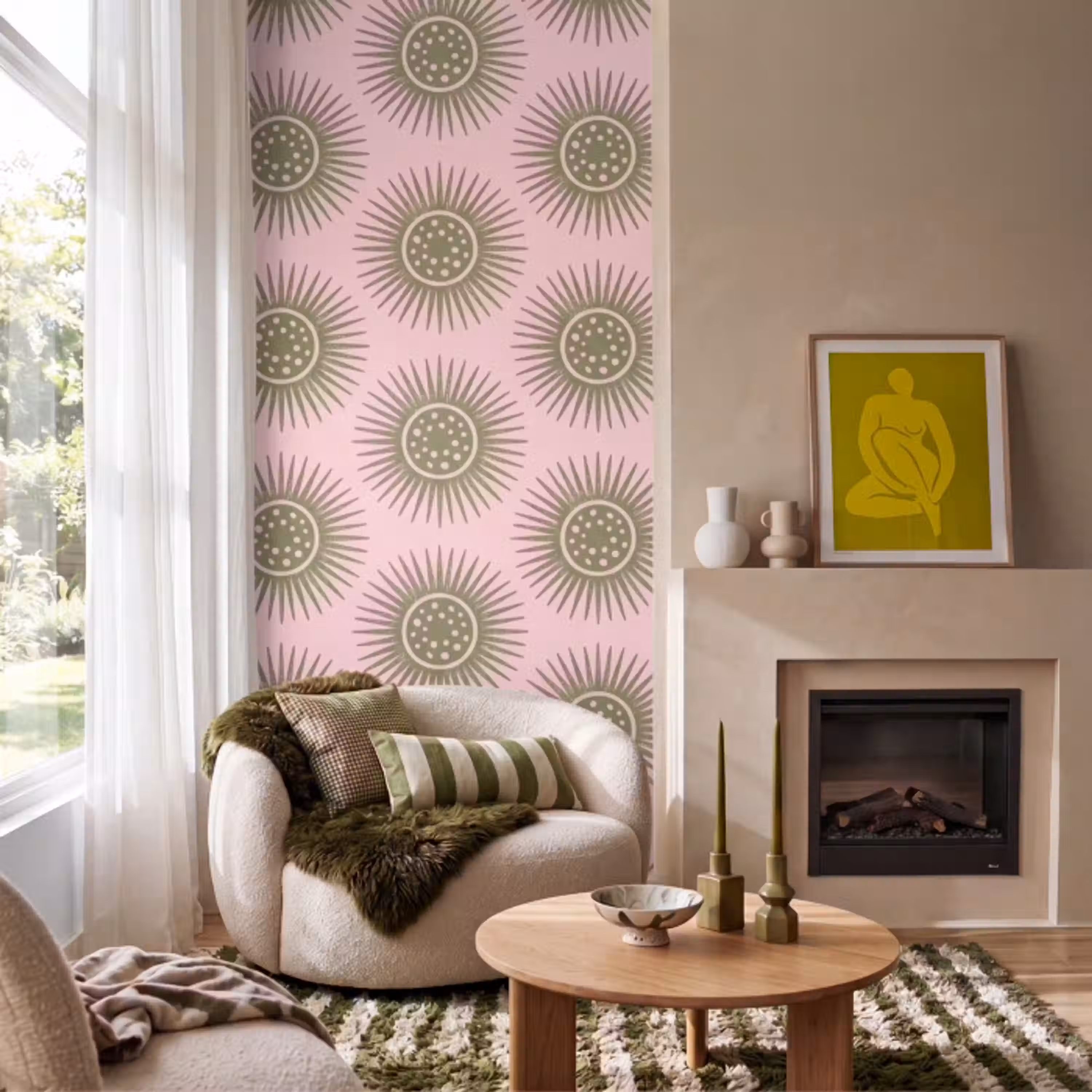 Bloemen - Patroon - Abstract - Roze - Groen Behang Vlies klein -sfeer2