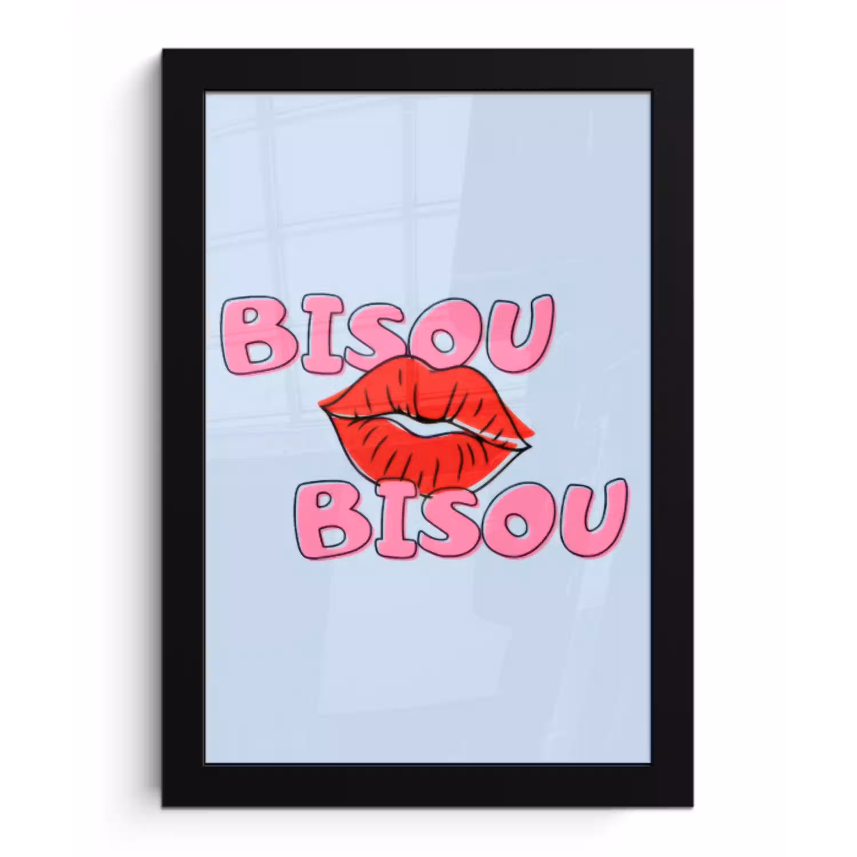 Bisou - Blauw - Roze - Lippen fotolijst zwart zonder passe partout klein -3d