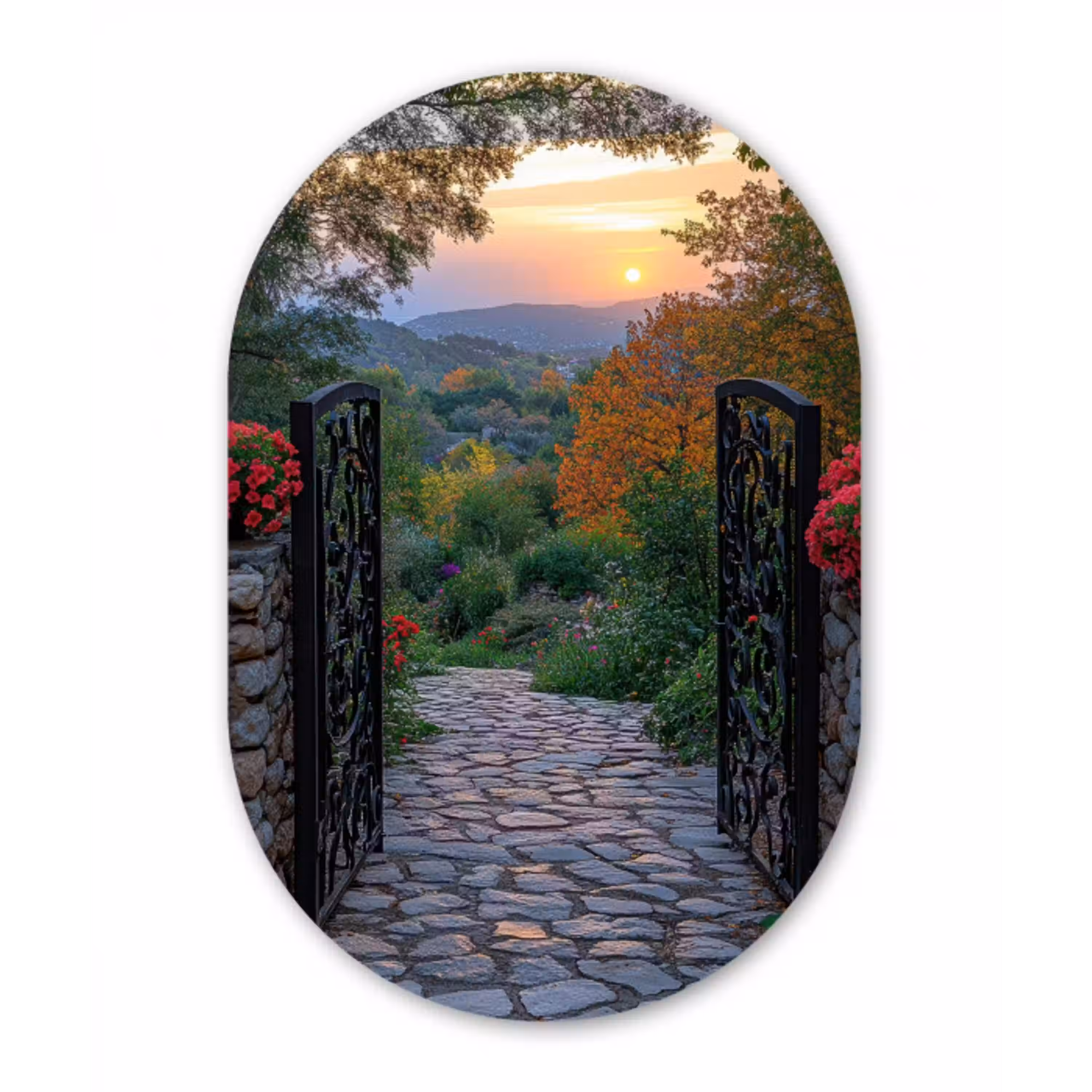 Landschap - Hek - Pad - Zonsondergang - Natuur Wandcirkel Ovaal Glas middel -3d