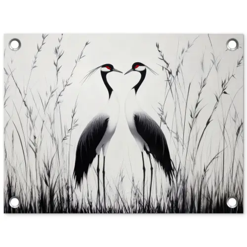Kraanvogels - Gras - Hartvorm - Zwart tuinposter los doek klein -3d
