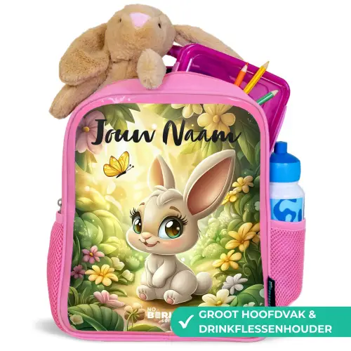 Konijn - Zonlicht - Sprookjesachtig - Vlinder Kinderrugzak - Roze middel -inhoud_NL