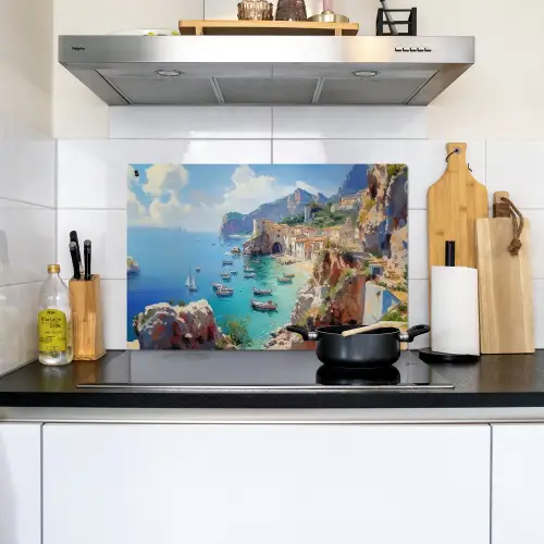 Kustdorp - Schilderij - Rotsen - Boten Inductie beschemer met haakjes klein -sfeer2