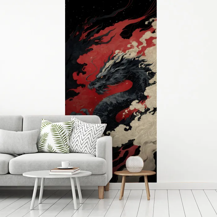 Zwarte draak - Rookwolken - Rood fotobehang vinyl groot -woonkamer