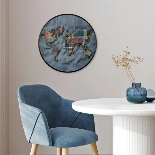 Wereldkaart - Denim - Textiel Fotolijst rond zonder passe partout klein -sfeer2