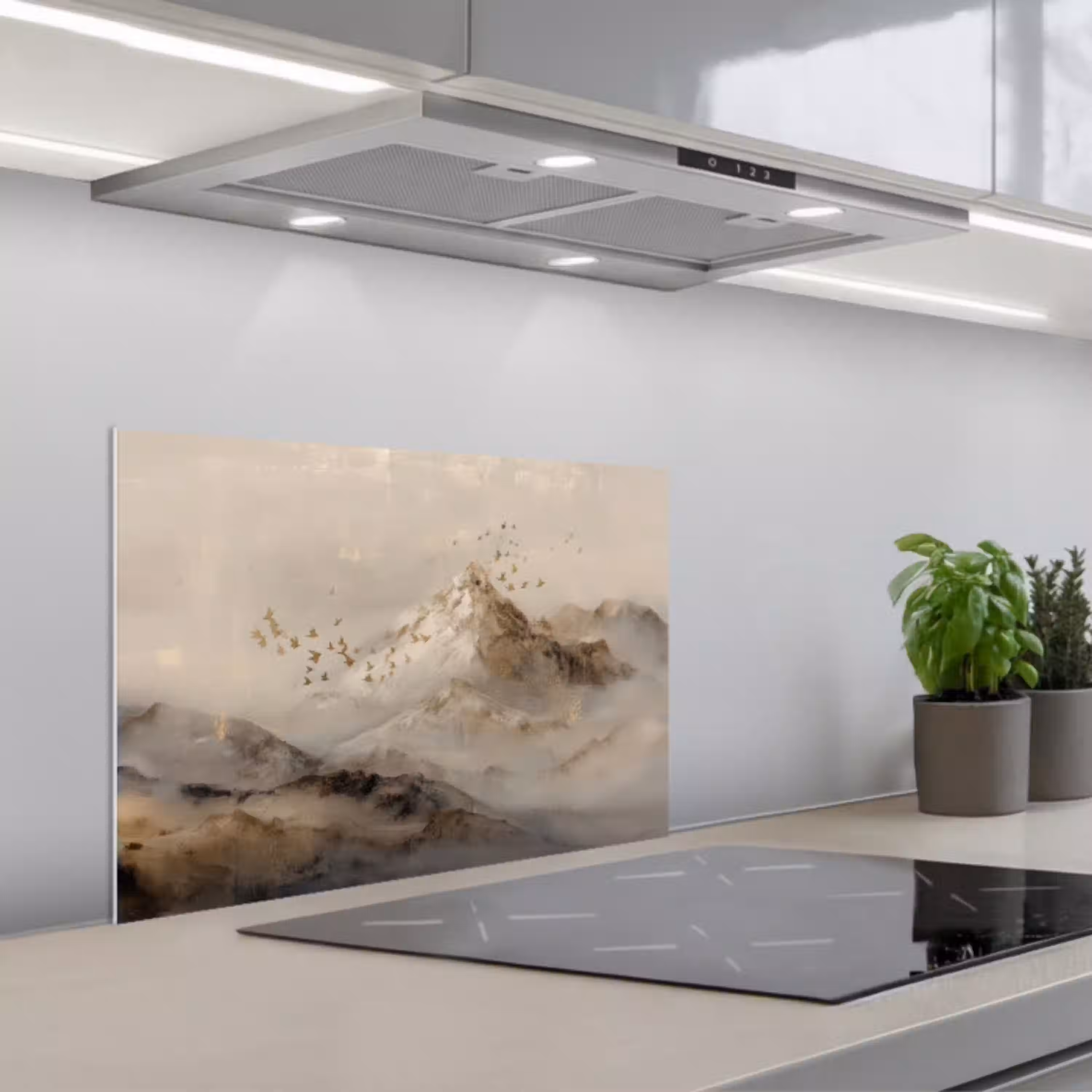 Berglandschap - Mist  - Penseelstreken keuken achterwand spatscherm klein -3d_schuin