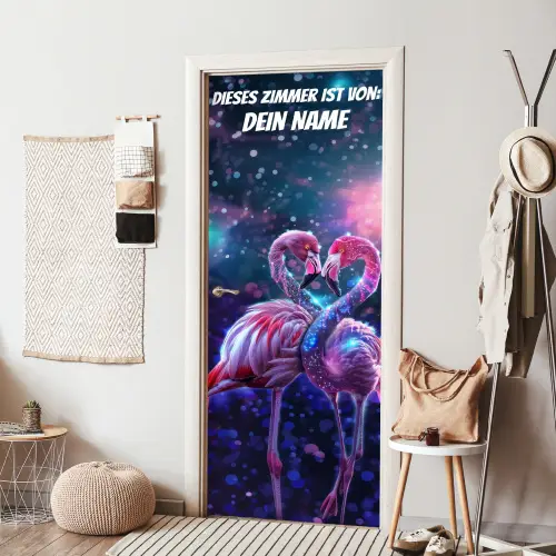 Zwei Flamingos bilden ein Herz mit ihren Hälsen. deurposter klein -sfeer6