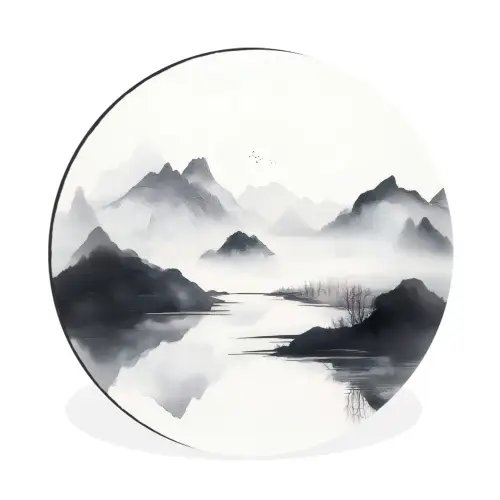 Bergen - Mistig - Water - Wit Wandcirkel aluminium klein -3d
