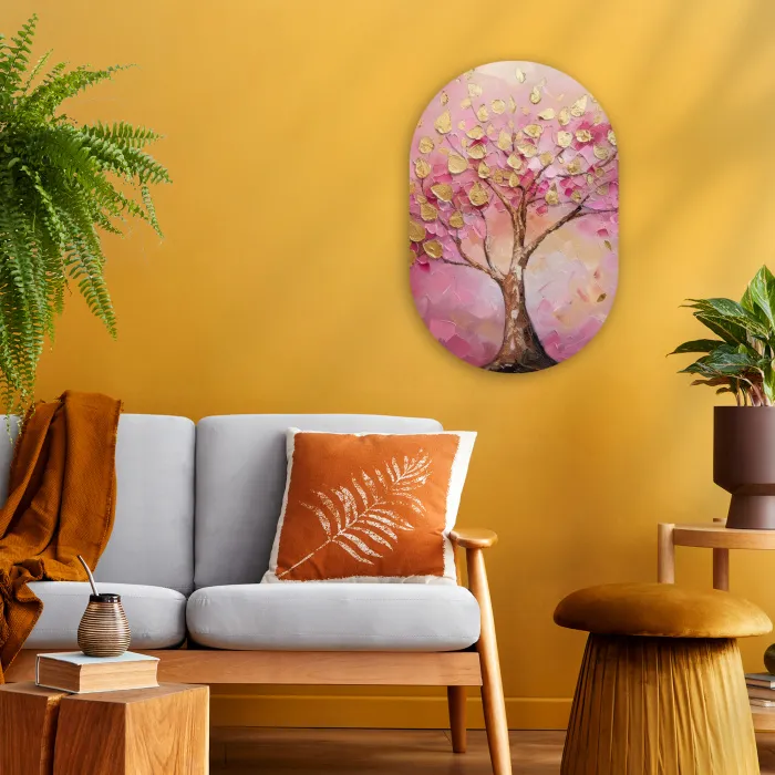 Boom - Roze - Goud - Modern Wandcirkel Ovaal Forex klein -sfeer4