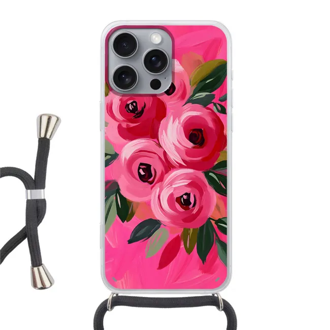 Telefoonhoesje met koord - Bloemen - Verf - Roze
