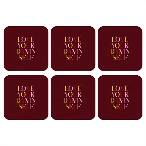 Love your damn self - Kleurrijk - Bordeaux onderzetter kurk middel -3d