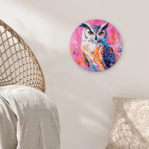 Uil - Roze - Blauw - Verf - Abstract Wandcirkel kunststof plaat 5mm dik klein -sfeer5