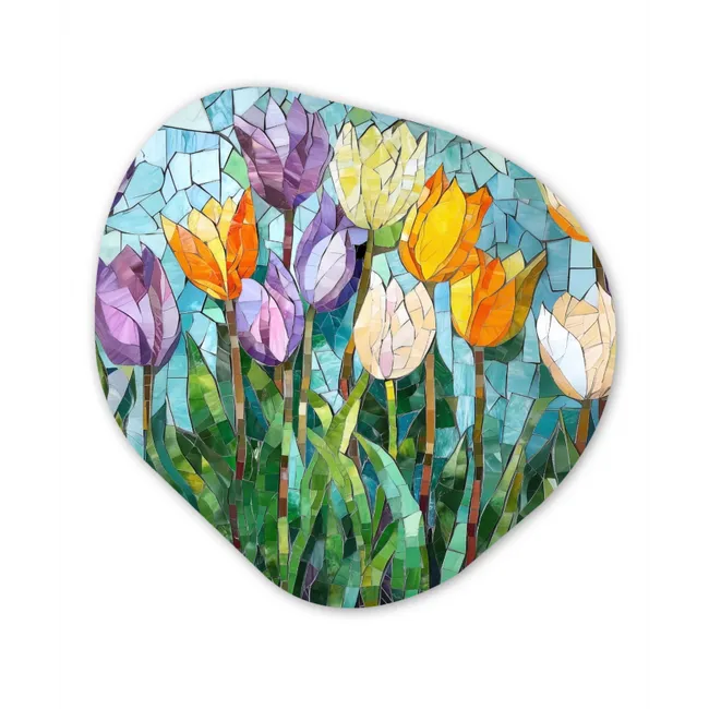Mozaïek - Veld - Tulpen - Kleurrijk Wandcirkel Organisch Forex 3mm klein -3d