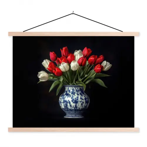 Rode - Bloemen - Tulpen - Vaas textielposter latten blank klein -3d