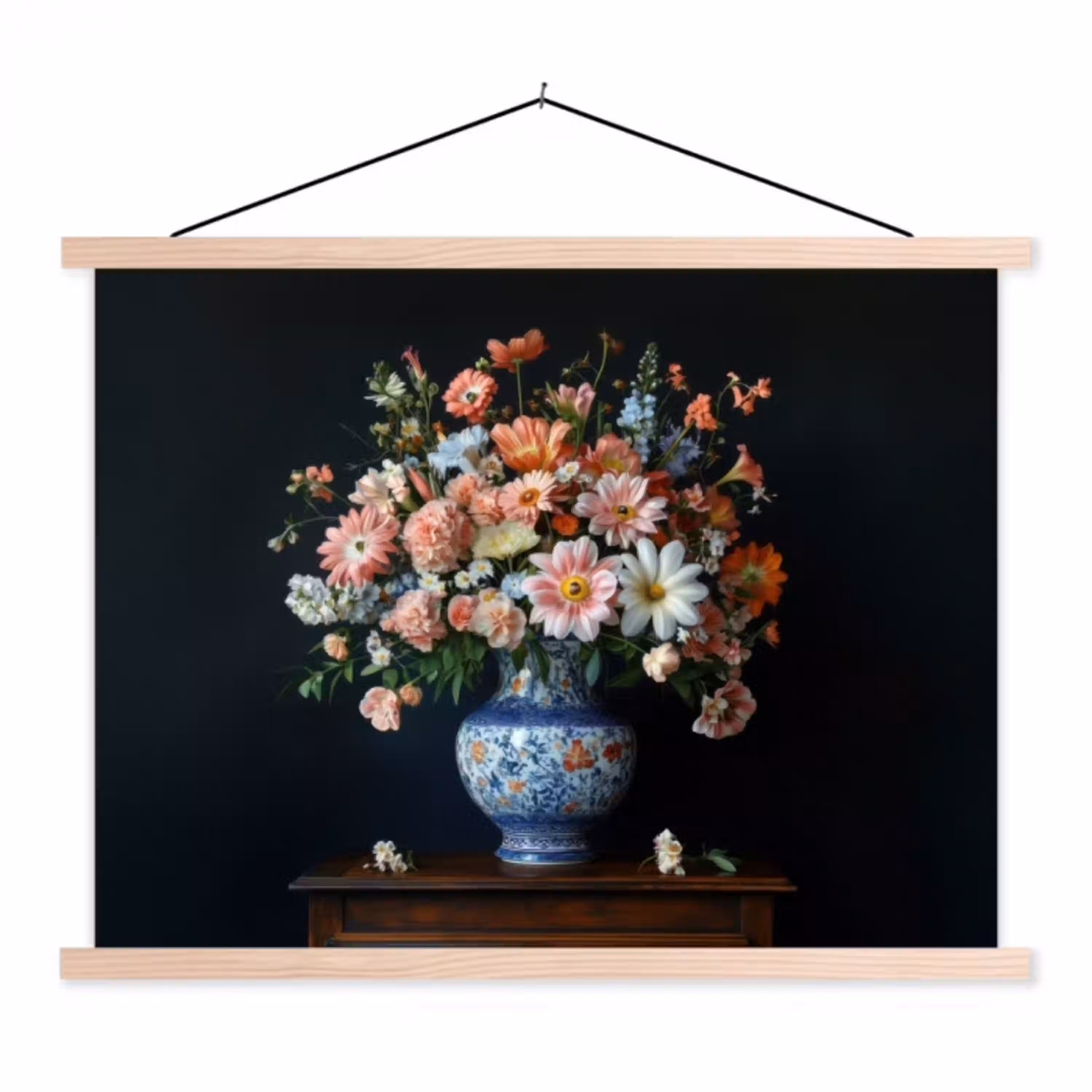 Hout - Vaas - Kleuren - Bloemen textielposter latten blank klein -3d