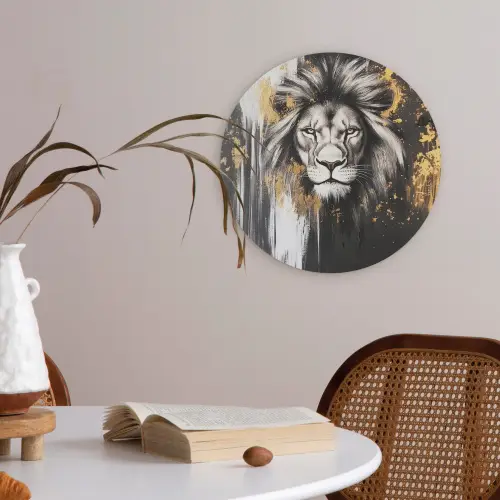 Leeuw - Portret - Verfspatten - Grijs Akoestische PET Vilt - Rond klein -sfeer3