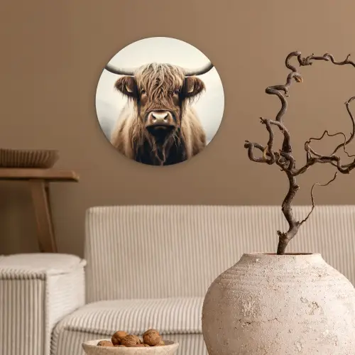 Schotse hooglander - Hoorns - Landschap Wandcirkel kunststof plaat 5mm dik klein -sfeer1