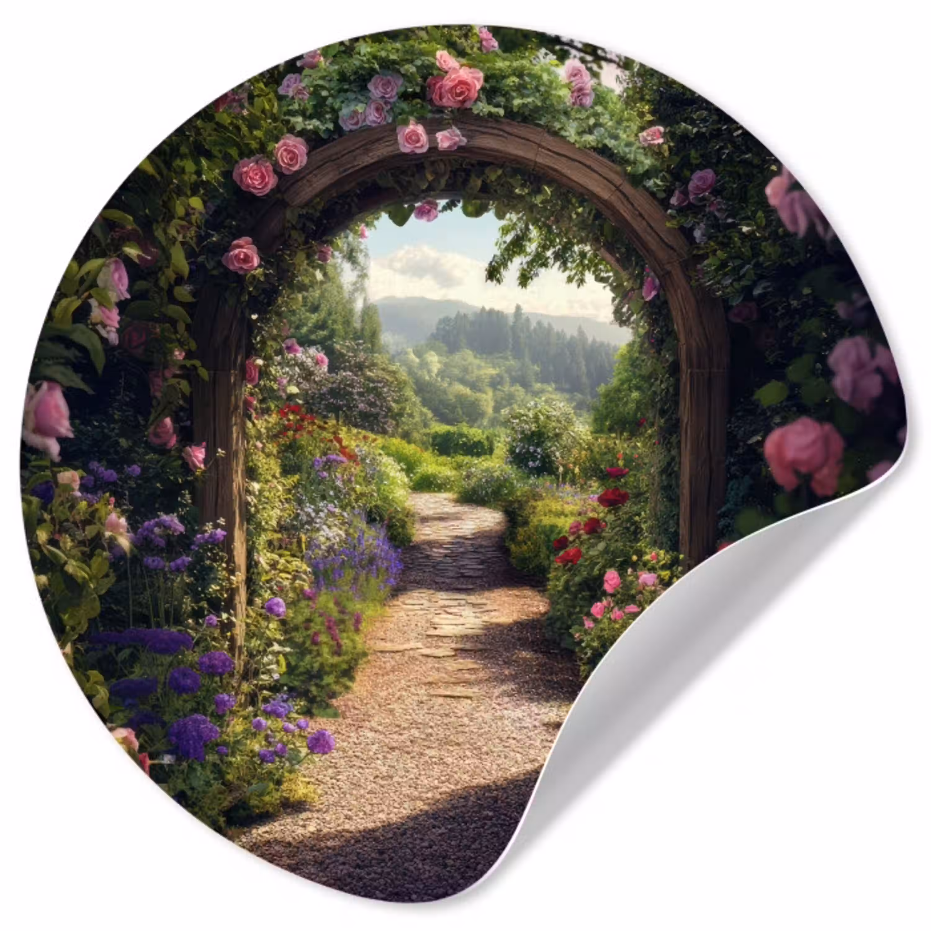 Doorkijk - Landschap - Bloemen - Rozenboog - Natuur Wandcirkel behangsticker klein -3d