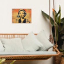 Retro - Vrouw - Koptelefoon - Oranje tuinposter los doek klein -sfeer7