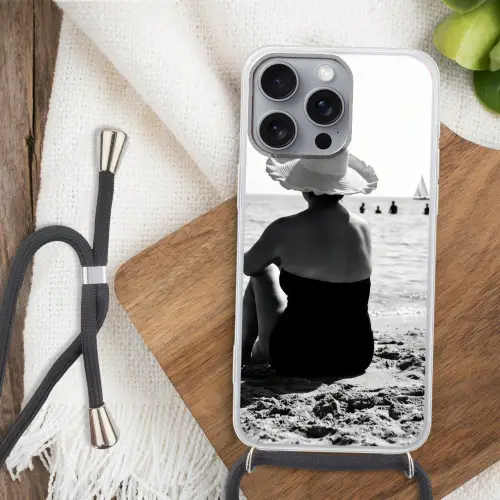 Vrouwen - Zonnehoed - Strand - Zwart - Wit Hoesje iPhone 16 Pro Max met koord klein -sfeer4