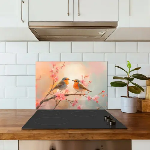 Roodborstjes - Sierlijk - Bloesemtak keuken achterwand spatscherm klein -sfeer2