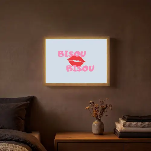 Lippen - Bisou - Blauw Light Box met batterij (Wandlamp) middel -sfeer4